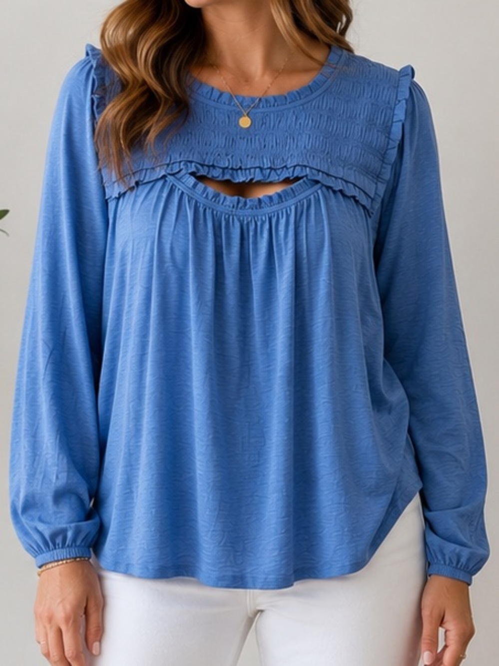 Skies Are Blue Curvy 2X Blue Smocked Ruffle Blouse Keyhole Neck